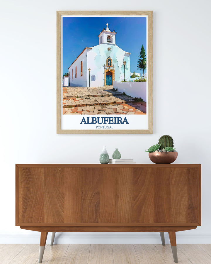 Vintage travel poster of Albufeira, Portugal, highlighting the picturesque St Anna Church, ideal for adding a touch of historic charm to any space.