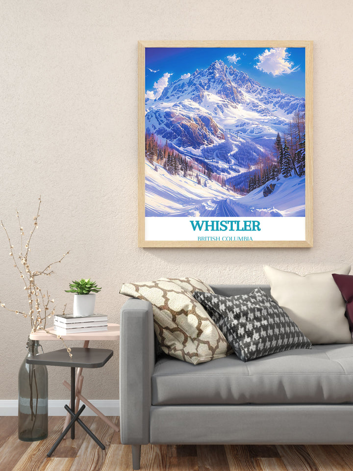 Discover the beauty of British Columbia with this travel poster featuring Whistler Blackcomb. The poster showcases the resorts breathtaking landscapes and vibrant village life, ideal for adventure seekers and art collectors.