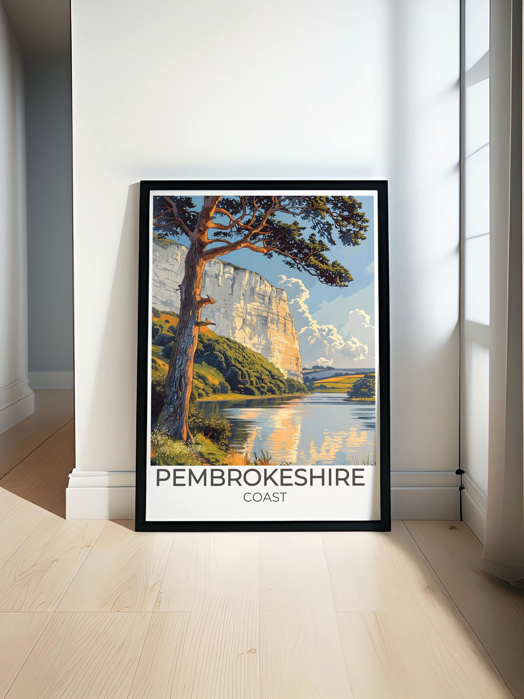 Stackpole Estate travel poster featuring the stunning beauty of the Pembrokeshire Coast with vibrant colors and detailed artwork perfect for adding a touch of Welsh charm to your home decor or as a unique gift for nature and travel enthusiasts