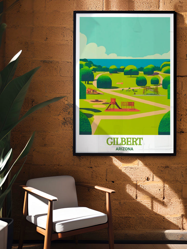 Freestone Park, one of Gilberts beloved landmarks, is beautifully captured in this Arizona travel print. This wall art offers a calming and scenic view, making it the perfect addition to your home decor or as a thoughtful gift for someone who loves the Southwest.