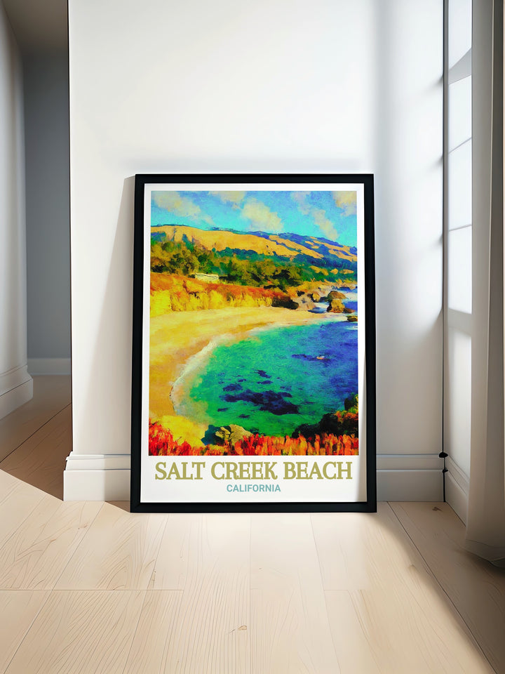 Experience the calming allure of Salt Creek Beach in California, perfectly captured in this stunning print. With the Pacific Oceans waves gently lapping the shore, this artwork adds a touch of coastal serenity to your space. A perfect addition to any room seeking a slice of Californias natural beauty.