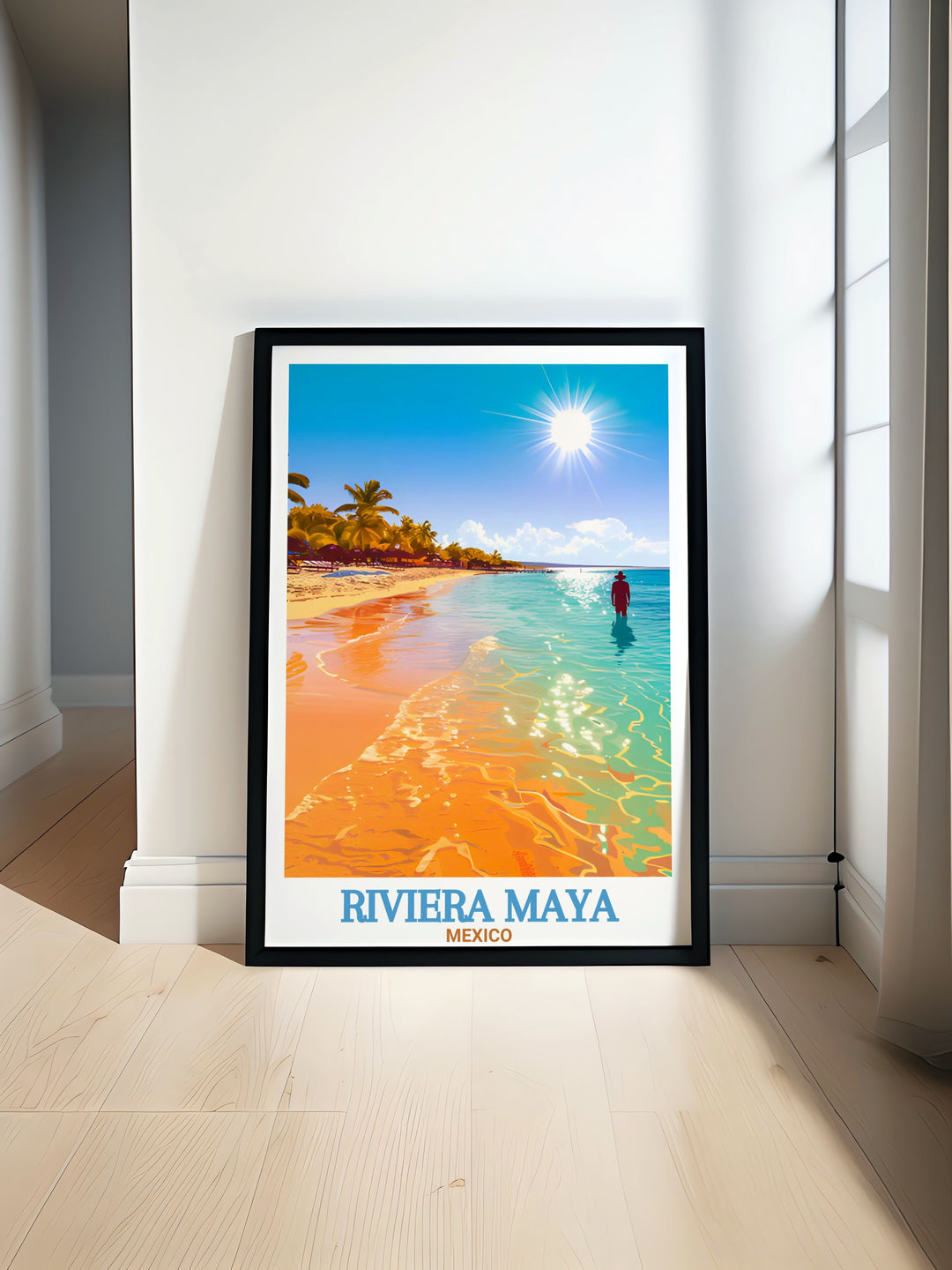 Akumal Beach travel poster featuring the pristine sands and crystal clear waters of Riviera Maya Mexico perfect for beach decor and tropical art enthusiasts. Ideal Mexico gift and home living decor showcasing the beauty of Akumal Beach with vibrant colors and detailed artwork.