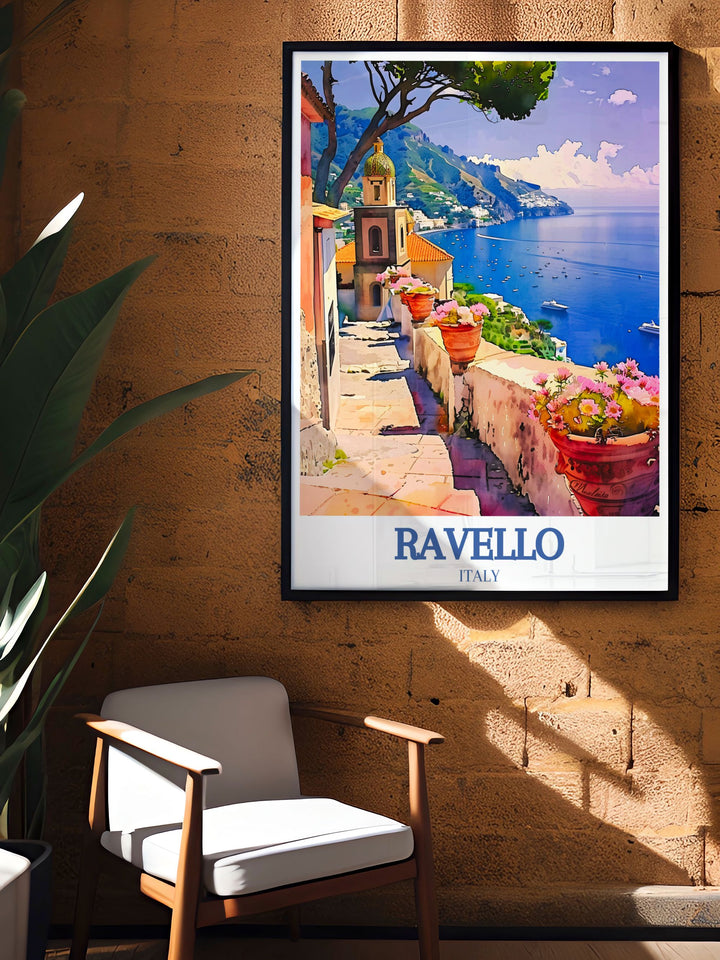 Villa Rufolo Amalfi coast modern art capturing the beauty of the Italian Riviera. This print is ideal for home decor adding a stylish and sophisticated touch to any room perfect for fans of Italian village scenes and travel souvenirs