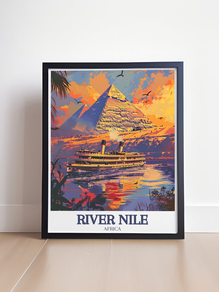 Capture the essence of Egypt with this River Nile Wall Art featuring the Pyramids of Giza in the background. The combination of these two legendary landmarks creates a striking and memorable image that adds both beauty and historical significance to any home or office decor.