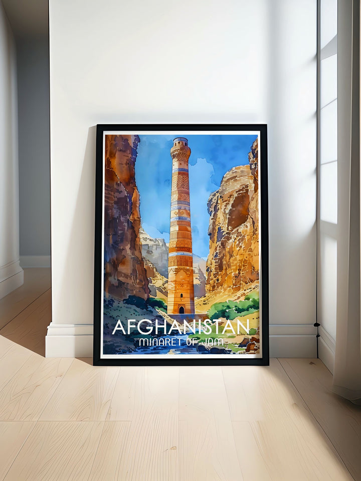 Vibrant art print of Minaret of Jam capturing the essence of Afghanistans historical and architectural beauty ideal for enhancing home decor with colorful art and fine line details
