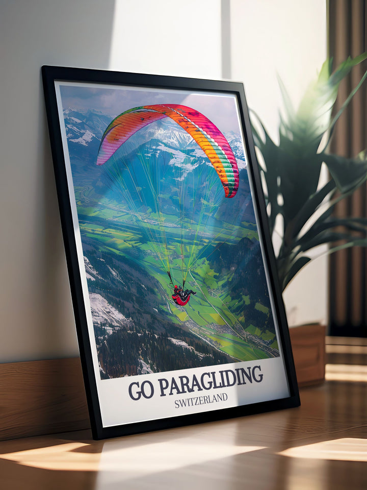 Gallery wall art of a paragliding adventure over the Swiss Alps, emphasizing the rugged beauty of Jungfrau and the serene, expansive valleys below.