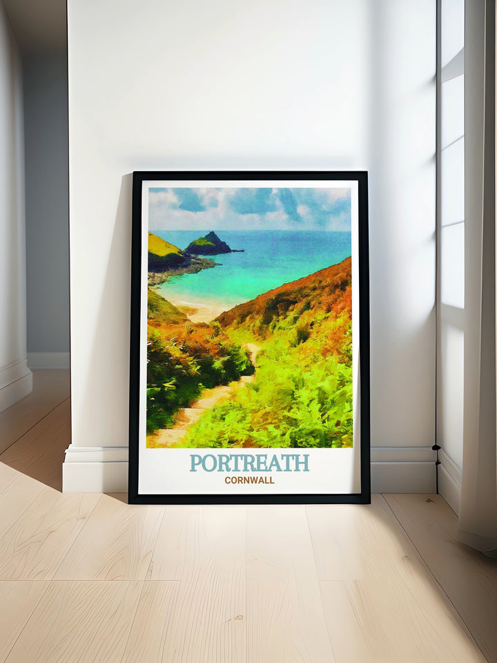 The dramatic cliffs and serene waters of Bassets Cove are beautifully depicted in this print, showcasing one of Cornwalls hidden treasures. The artwork reflects the rugged beauty of the cove, making it a perfect addition to any home decor. Celebrate the natural charm of Cornwall with this stunning piece.