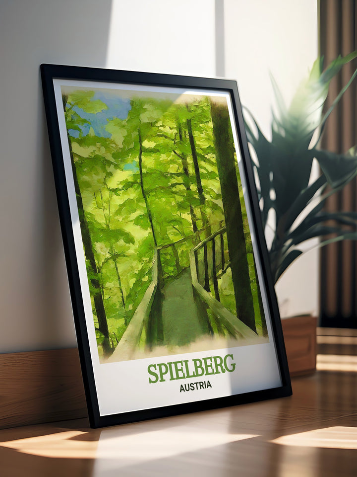 Vivid wall decor featuring the Rachau Tree Top Walk in Spielberg, Austria, focusing on the peaceful connection between nature and architecture. An excellent choice for anyone looking to bring a piece of Austrias serene woodland into their living space.