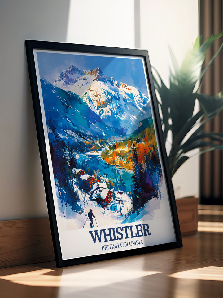 Whistler poster showcasing the dynamic spirit of the ski destination nestled in the Coast Mountains designed to inspire and captivate bringing the beauty of the outdoors indoors