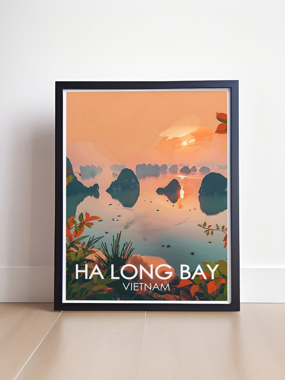 This travel poster of Ha Long Bay captures the stunning limestone pillars and emerald waters of the UNESCO World Heritage site, perfect for adding a touch of Vietnams natural beauty to your home decor.