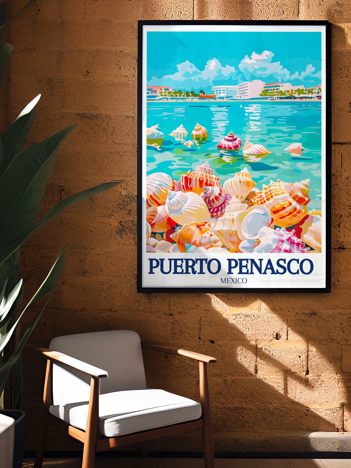 Bring the beauty of Puerto Peñascos beaches into your home with this elegant art print, featuring Cholla Bay and the vibrant Sea Shell Beach. Its a perfect reminder of Mexicos coastal charm, making it a thoughtful gift for beach lovers or travel enthusiasts.