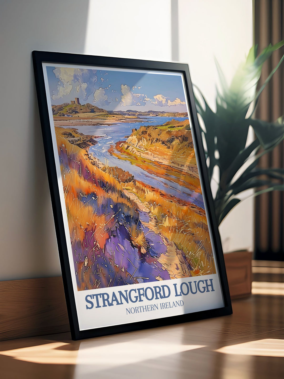 Vintage travel print of Strangford Lough highlights Audley Castle Strangford Lough Marine Nature Reserve and Scrabo Tower Ireland capturing the tranquil beauty of County Down