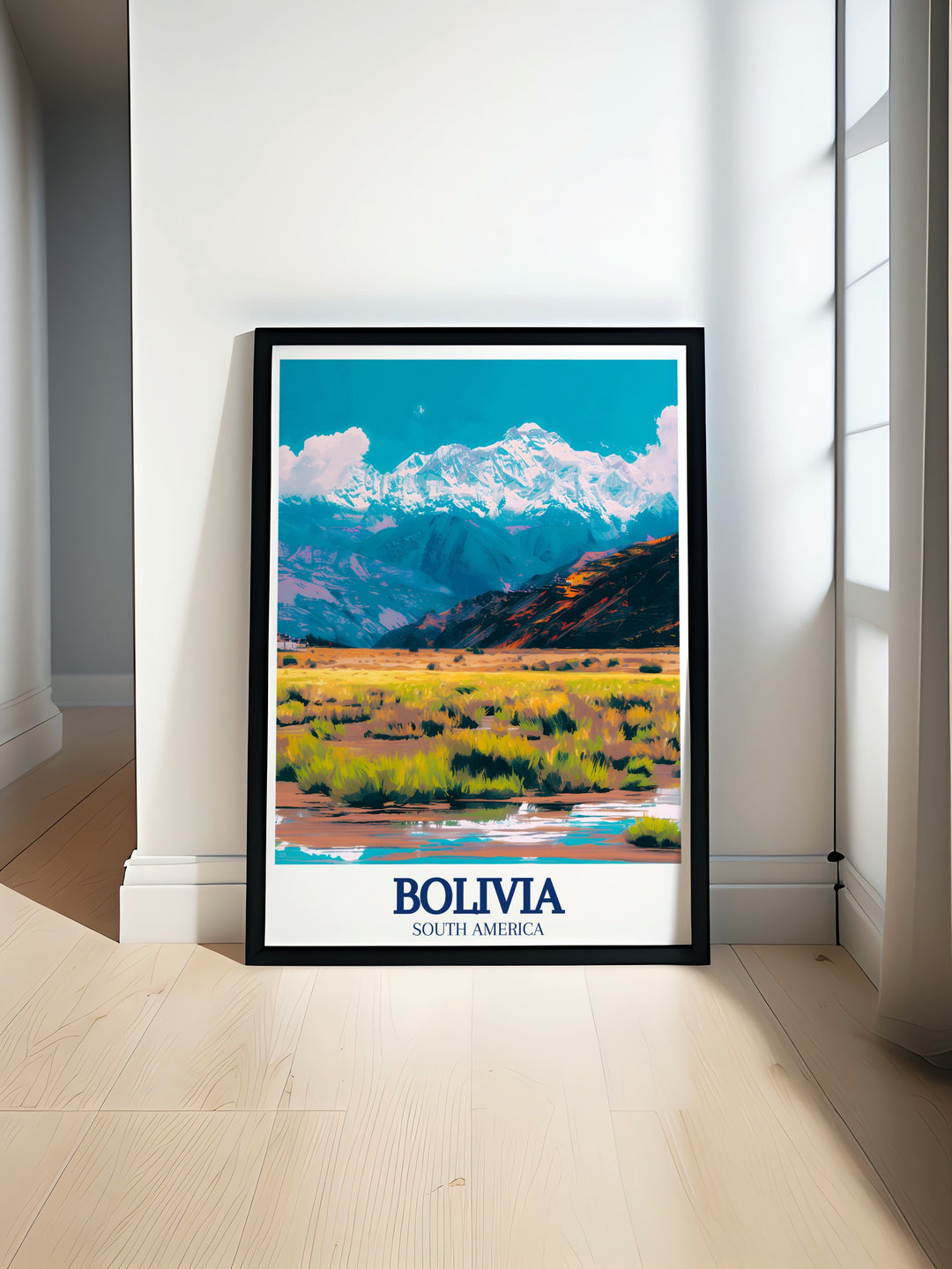 Beautiful Bolivia Art Print showcasing the Altiplano plateau and Cordillera Real mountain range perfect for adding a touch of Latin American elegance to your home decor with stunning landscapes and vibrant colors