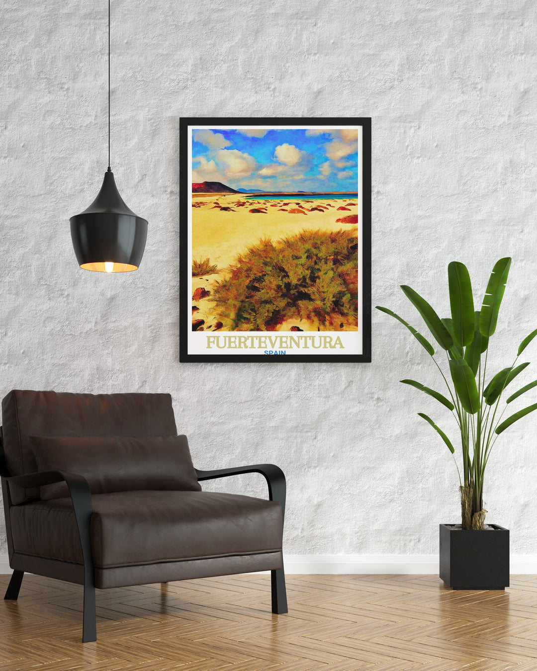 Canvas art of Corralejo Natural Park, Fuerteventura. This piece captures the essence of the Canary Islands with its sprawling dunes and crystal clear Atlantic waters. A perfect gift for travel enthusiasts and beach lovers.