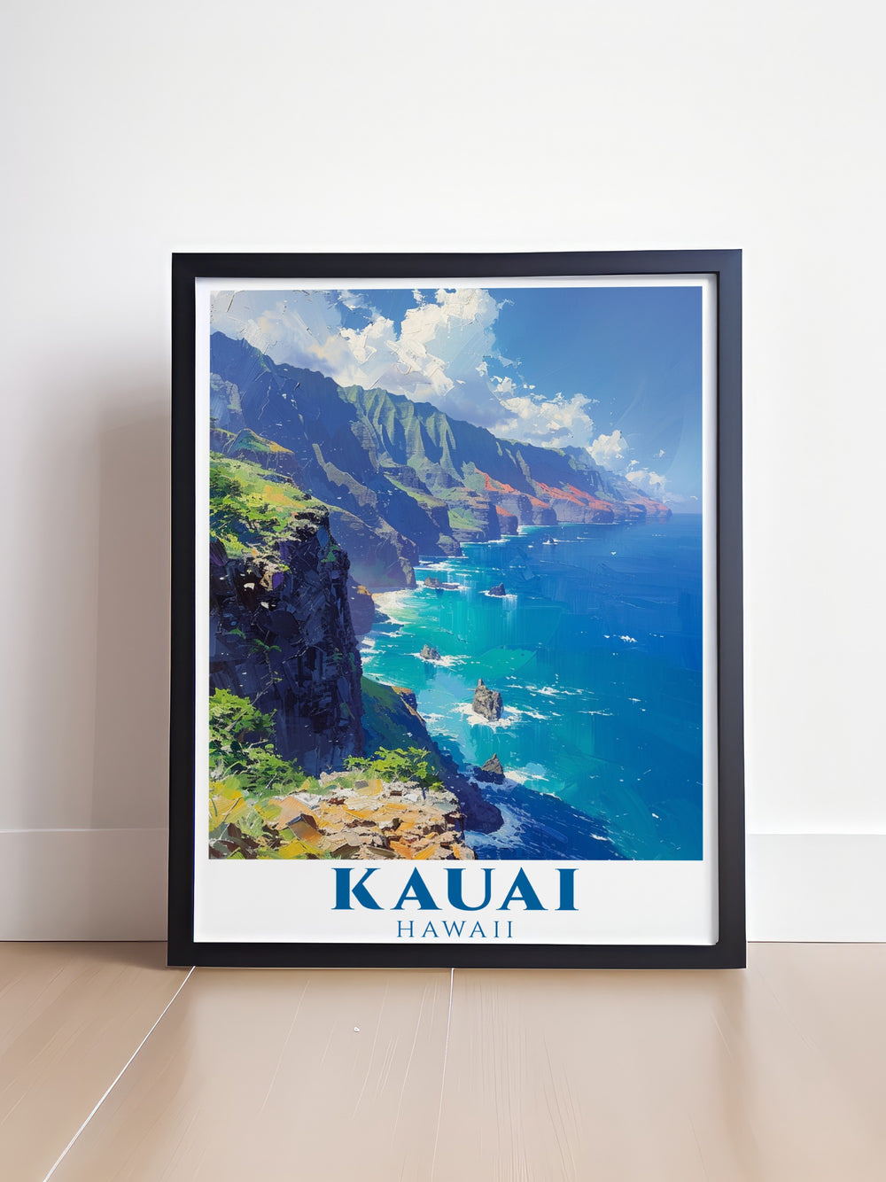 This Kauai poster print features the stunning Na Pali Coast, one of Hawaiis most iconic landscapes. The detailed art brings a vibrant and tropical atmosphere to any room, making it perfect for coastal themed home decor or as a thoughtful gift for someone who loves Hawaii.