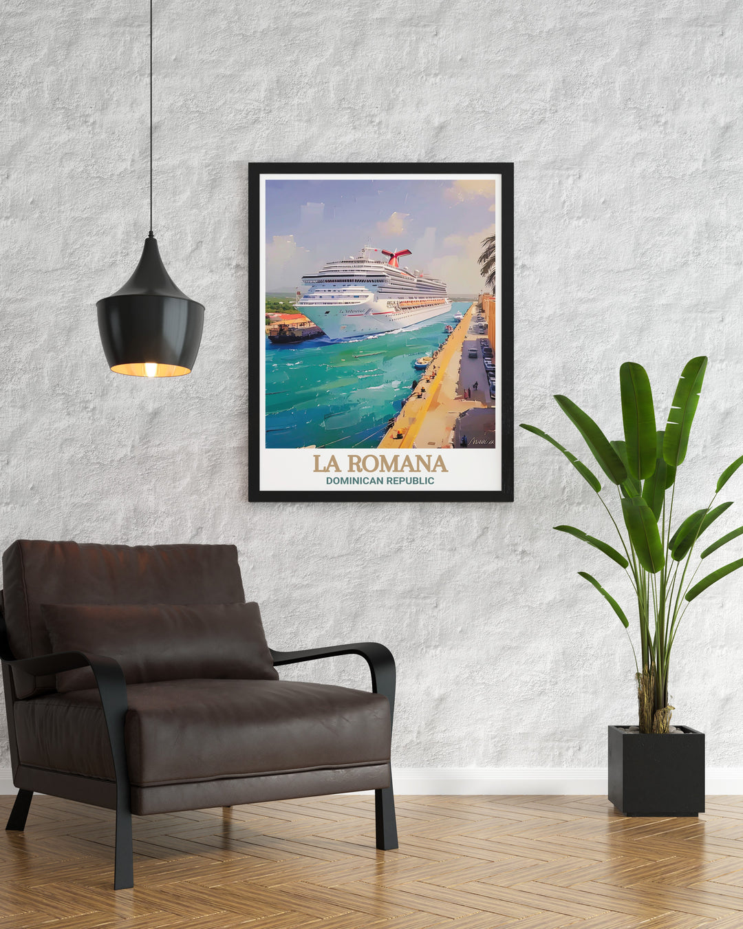 La Romana Ports iconic architecture and serene Caribbean waters are beautifully depicted in this travel print, offering a touch of tropical charm to any space.
