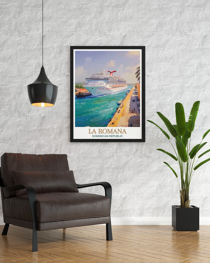 La Romana Ports iconic architecture and serene Caribbean waters are beautifully depicted in this travel print, offering a touch of tropical charm to any space.