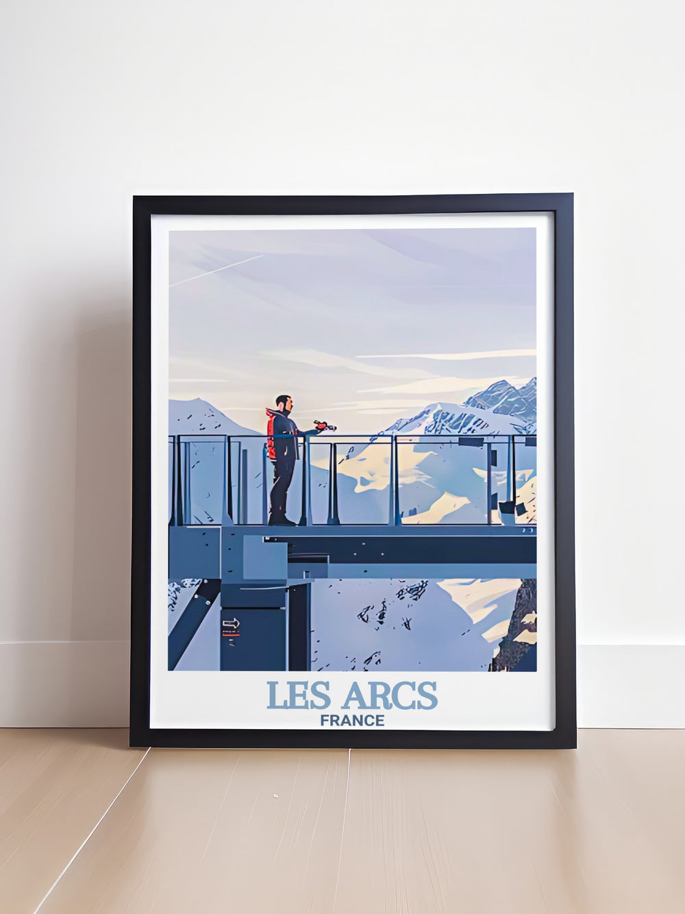 The "Les Arcs Poster Print" showcases the exhilarating snowboarding scene of the French Alps, featuring the stunning Aiguille Rouge and Paradiski slopes. This travel print captures the thrill of winter sports in vivid detail, making it a perfect addition to your home decor or a thoughtful gift for snowboarding lovers.