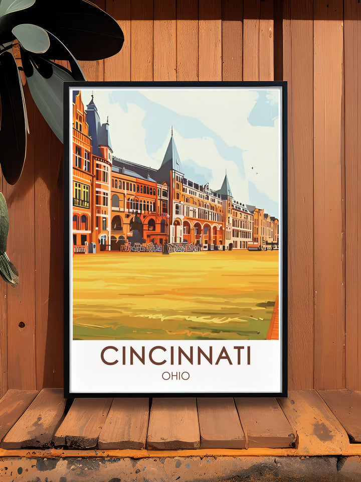 Bring the iconic Cincinnati skyline into your living space with this vibrant travel print. Perfect for modern home décor, this artwork captures the unique beauty of Cincinnatis architectural gems, including the Great American Tower and Carew Tower.