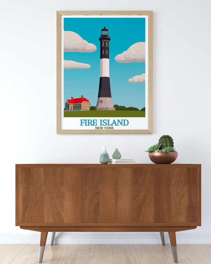 Fire Island Lighthouse wall art showcases the peaceful scenery of one of New Yorks most beloved coastal areas. This travel print is ideal for bringing a sense of calm to any space, making it a great gift for lighthouse lovers and those who appreciate quiet, natural landscapes.