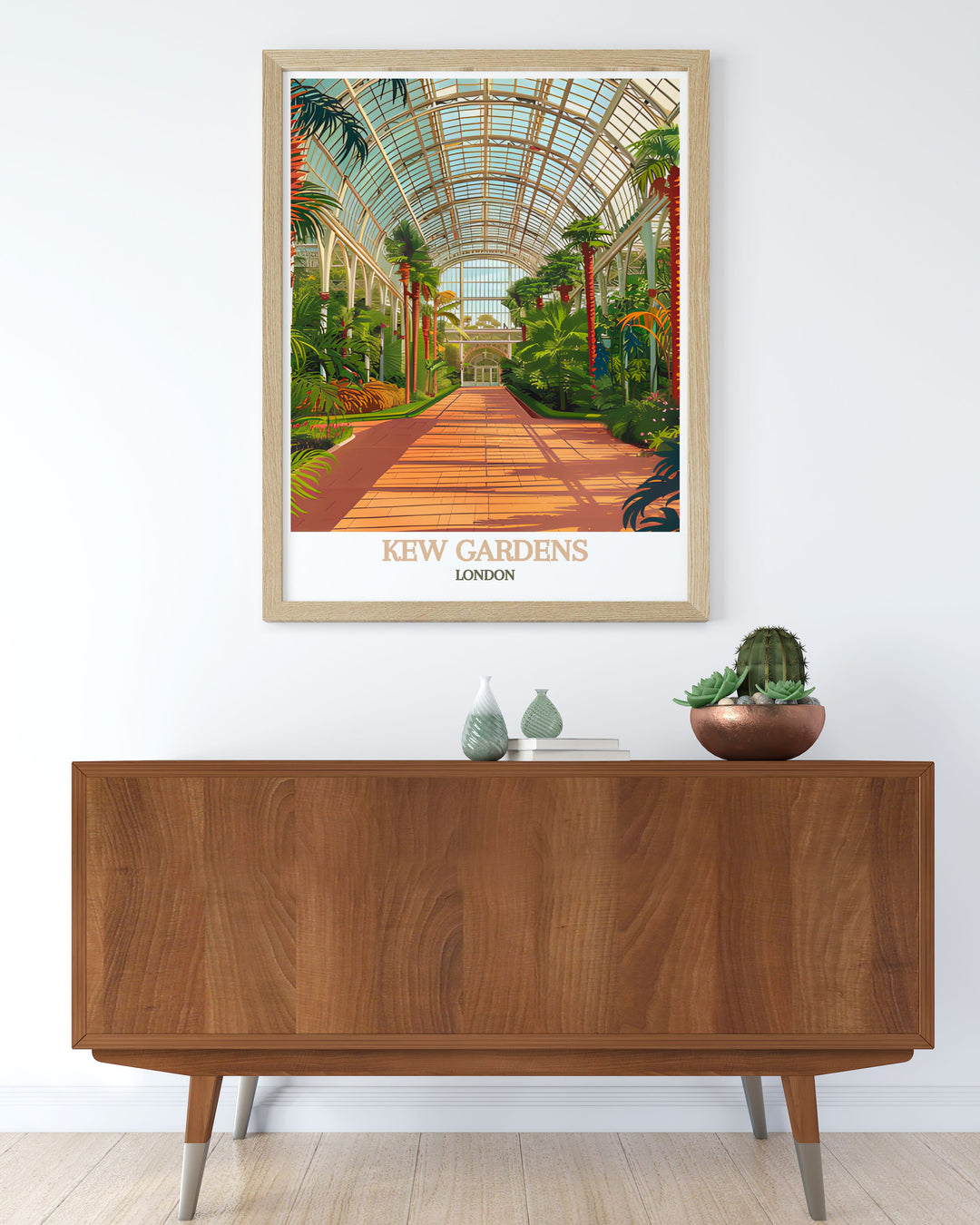This art print features the picturesque Kew Gardens, capturing its lush landscapes and diverse flora. Ideal for those who love serene settings and natural beauty, this poster brings the charm of England into your decor.