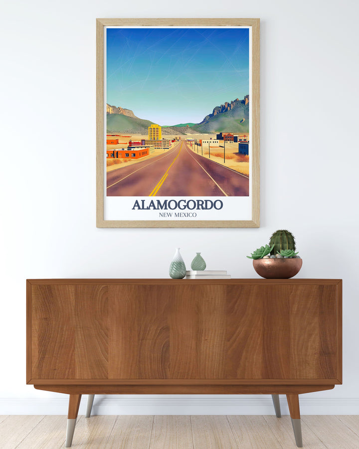 New Mexico print featuring the scenic Sacramento Mountains US 82 road perfect for anyone seeking Alamogordo art this travel poster brings the beauty of the southwest into your home decor with bold colors and breathtaking landscapes ideal for all occasions.