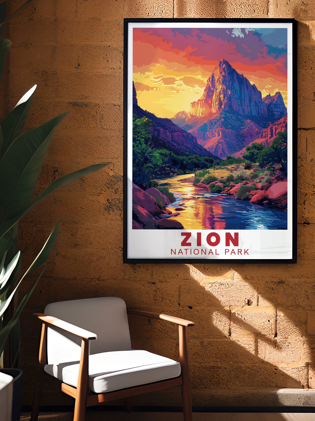 This travel poster artfully combines the stunning views of The Watchman with the rich landscapes of Zion National Park, making it a perfect addition to any art collection or home decor.