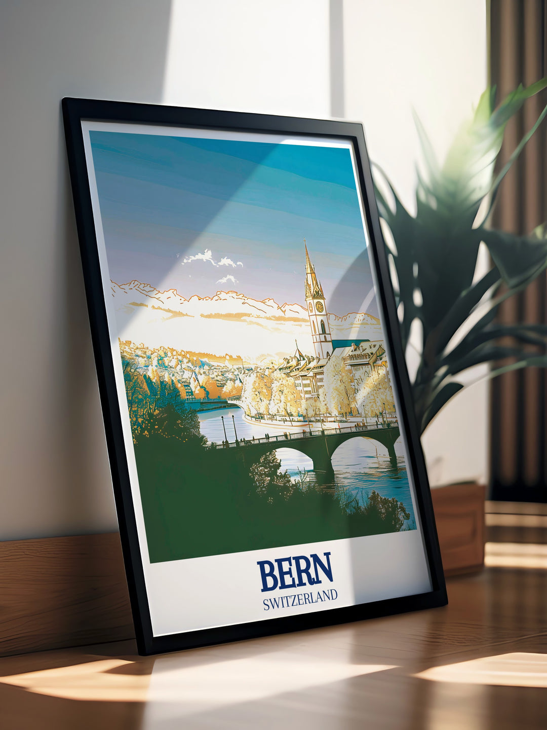 Aare River wall poster highlights the stunning natural beauty of Berns famous river, creating a perfect balance of nature and architecture. This Switzerland travel print is great for anyone who appreciates the charm of Swiss landscapes and cityscapes.