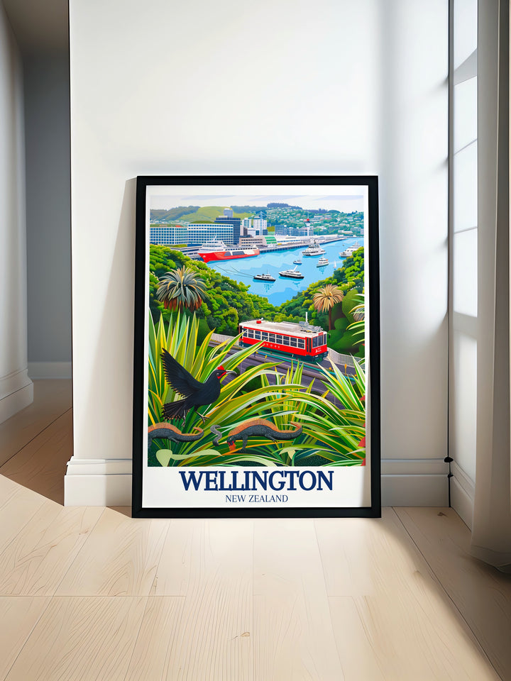 Wellington travel print highlights both the bustling waterfront and the quiet sanctuary of Zealandia. This piece of artwork blends the best of Wellingtons city life and its green heart, perfect for adding a touch of New Zealands magic to your home.