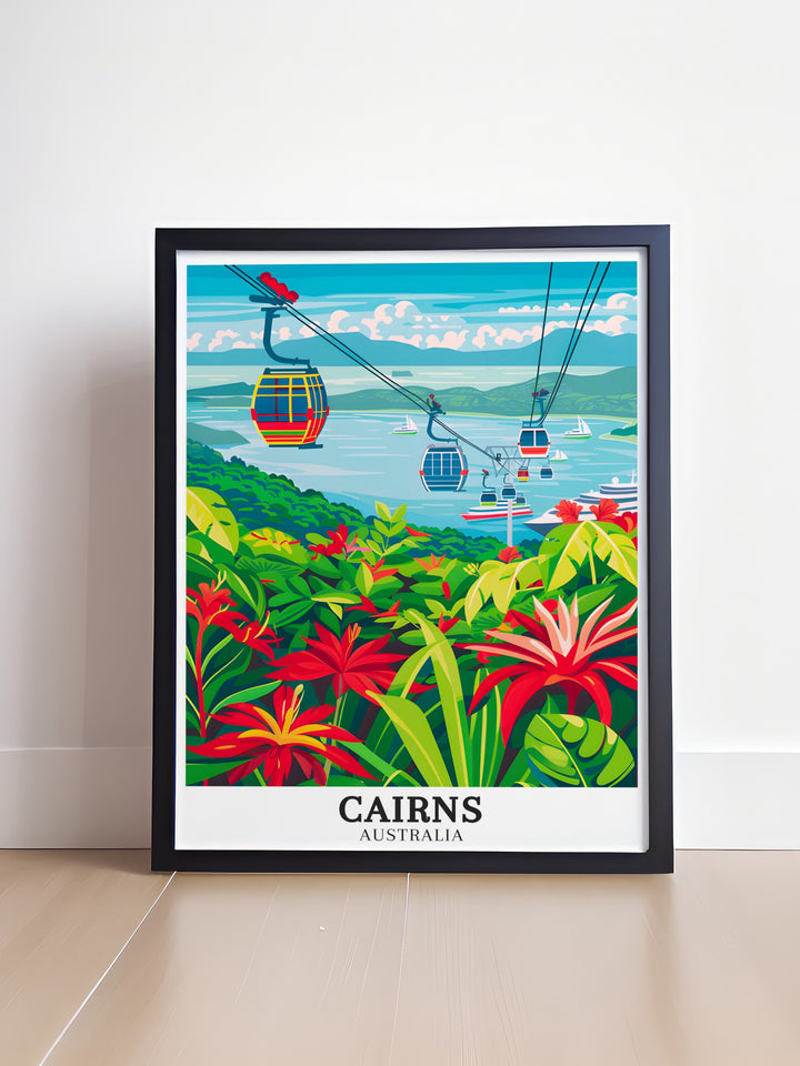 Cairns Travel Art capturing the stunning landscapes of Skyrail Rainforest Cableway, Port Douglas. A perfect addition to your Australia Wall Decor collection this print brings the natural beauty of Australia into your home. Ideal for anyone who dreams of exploring Queensland