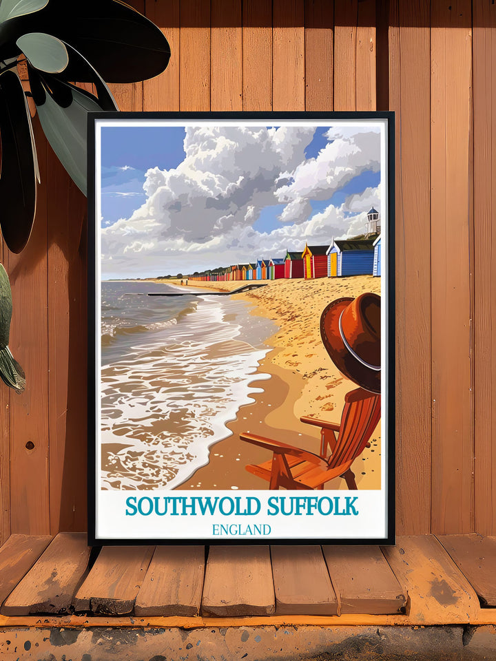 Embrace the coastal beauty and historical heritage of Southwold with this travel poster, depicting the lighthouse and the bustling pier.