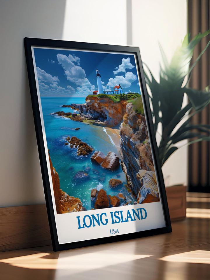 Showcasing the historic charm of Montauk Point Lighthouse, this poster captures its timeless appeal and the surrounding ocean views, perfect for enhancing your home decor with coastal elegance.