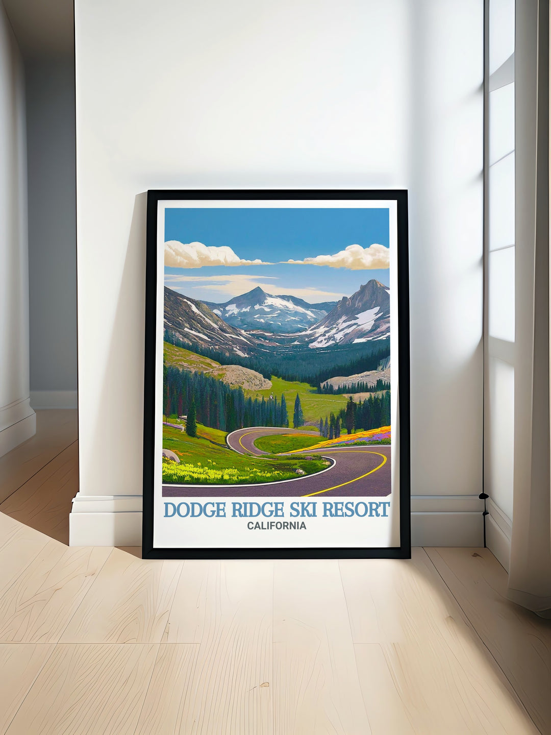 Winter sports art print featuring Dodge Ridge Ski Resort and Sonora Pass, capturing the excitement and tranquility of skiing in the Sierra Nevada. This detailed illustration is a wonderful addition to any home decor, celebrating the beauty and thrill of winter sports.