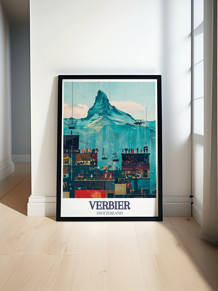 Bring the Alps into your home with this Verbier and Matterhorn travel print. Perfect for ski lovers or anyone who appreciates alpine beauty, this canvas art captures the essence of these iconic Swiss landmarks.