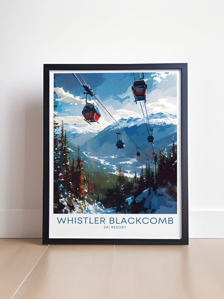 Peak 2 Peak Gondola vintage print highlighting the majestic beauty of Whistler Ski Resort. This Whistler poster is designed for those who appreciate the adventure and natural wonders of British Columbia BC and want to add a touch of elegance to their decor.