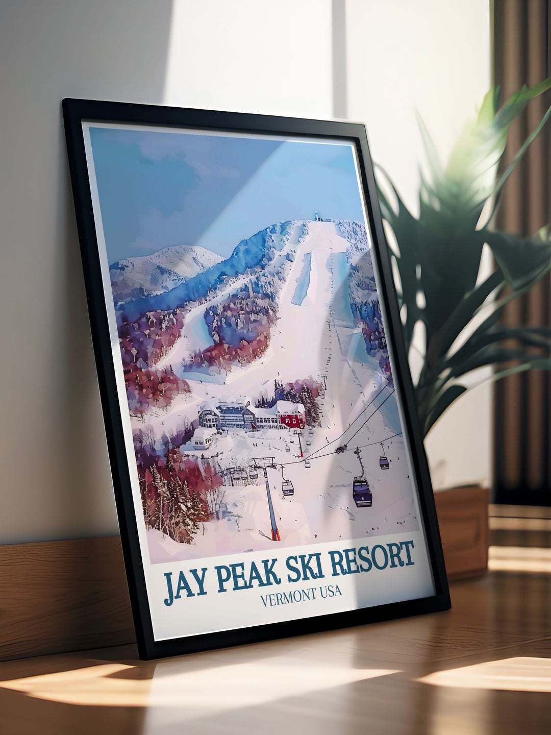 Captivating poster featuring Jay Peak Ski Resorts thrilling ski slopes and indoor water park, ideal for those who love winter sports and mountain adventures.