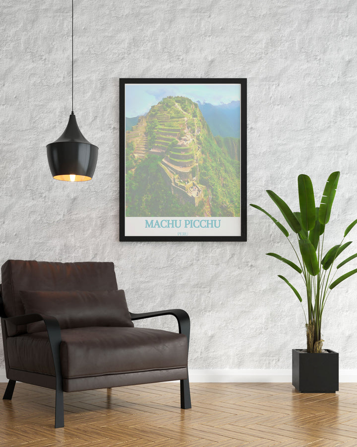 Huayna Picchu stunning prints featuring Machu Picchu offer a perfect way to incorporate the beauty of Peru into your home decor. This travel art print is designed with a minimalist aesthetic that fits seamlessly into modern interiors while celebrating one of the most iconic landmarks in the world making it an ideal gift for travelers and art lovers alike.