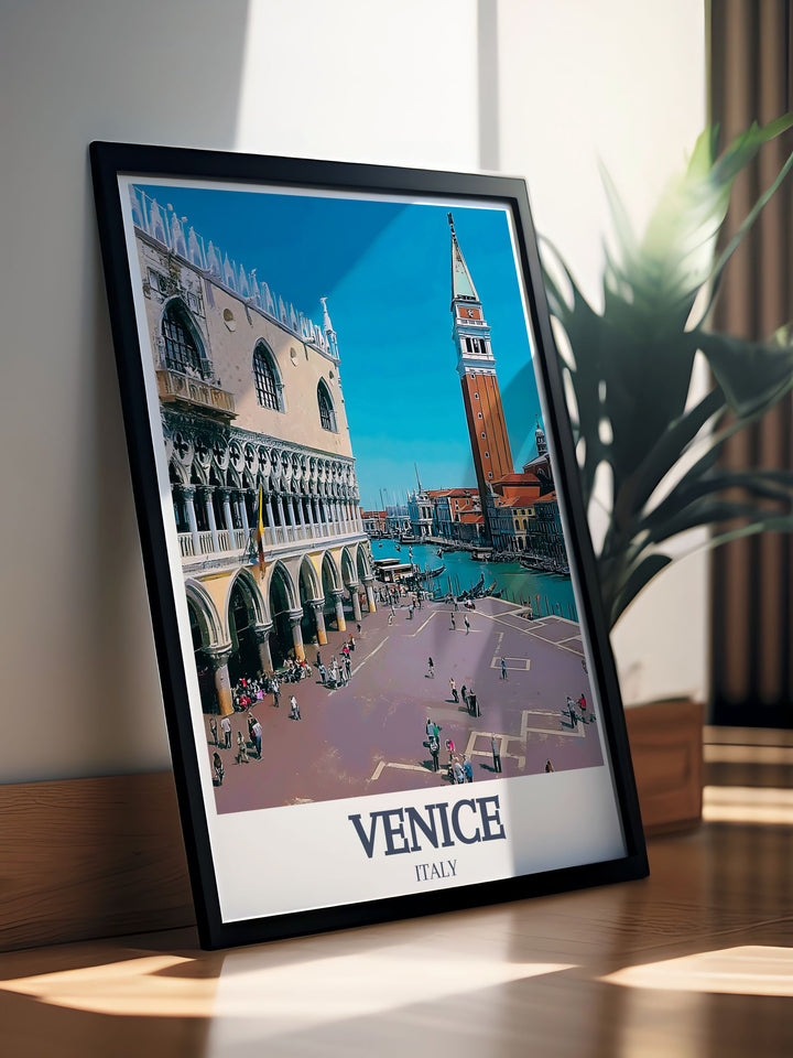 A stunning vintage style travel poster of Venices Grand Canal and St. Marks Square. This wall art brings Italys scenic beauty to life, offering a captivating addition to any art collection or home décor.