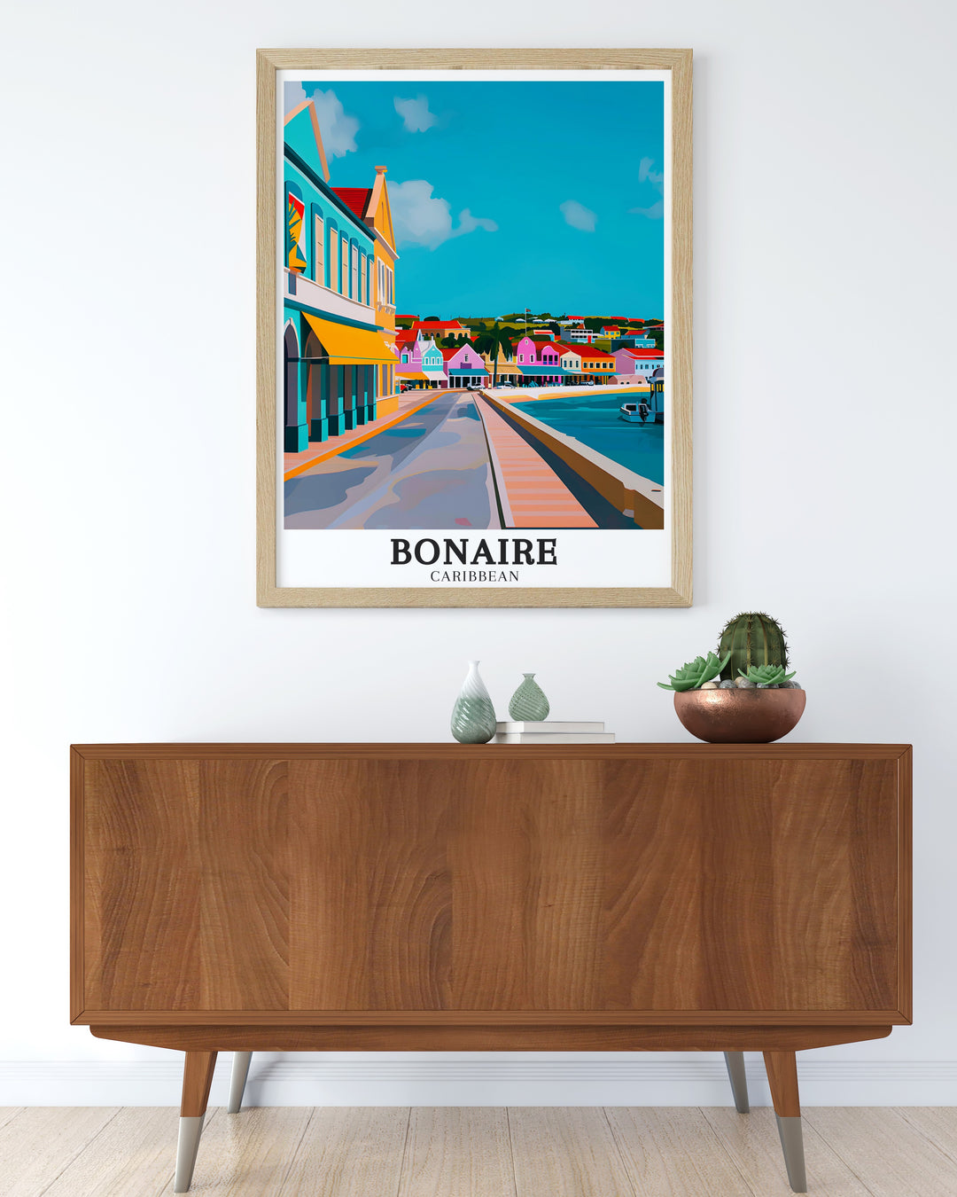 Bonaire Travel Poster showcases the colorful streets and serene beaches of Bonaire, making it a perfect addition for lovers of Caribbean travel and decor. This artwork brings the peaceful island atmosphere into any space.