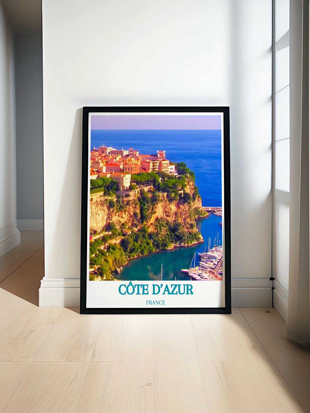 Fine art print capturing the breathtaking view of Le Rocher in the Côte dAzur. This poster highlights the stunning promontory overlooking Monaco, featuring the Princes Palace and the vibrant Mediterranean Sea, perfect for adding a touch of French elegance to any room.