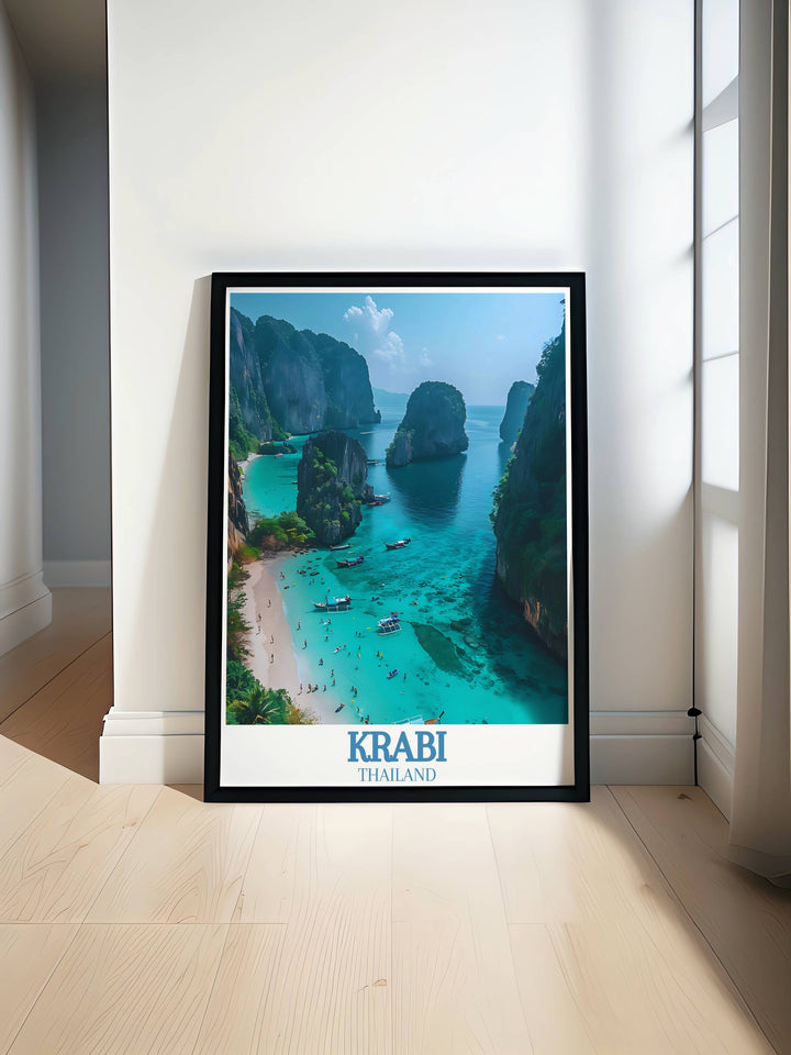 Experience the serene beauty of Krabi Island and Railay Beach with this stunning wall art print featuring crystal clear waters and lush tropical landscapes perfect for enhancing your home decor or giving as a thoughtful Thailand travel gift.