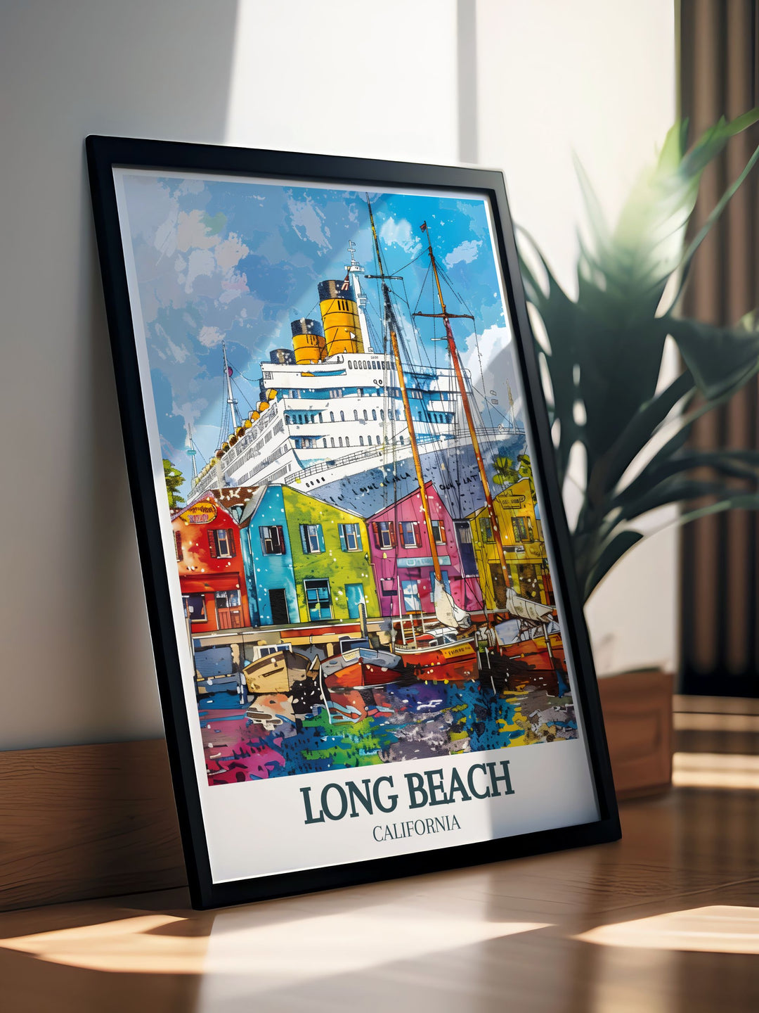 Long Beach Poster featuring Queen Mary and Shoreline Village provides a vintage touch to any room with its California skyline and detailed Long Beach City Map. The vibrant color palette makes it ideal for personalized gifts and modern home decor.