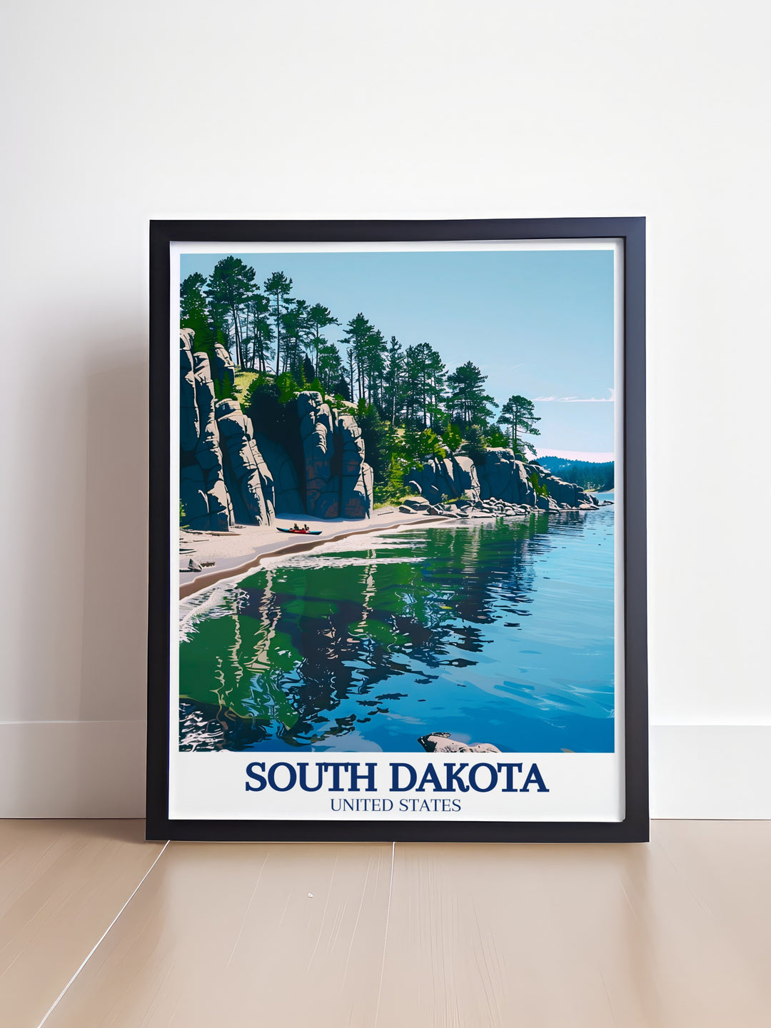 South Dakota travel poster with a serene depiction of Custer State Park Sylvan Lake an excellent choice for modern decor and perfect wall decor