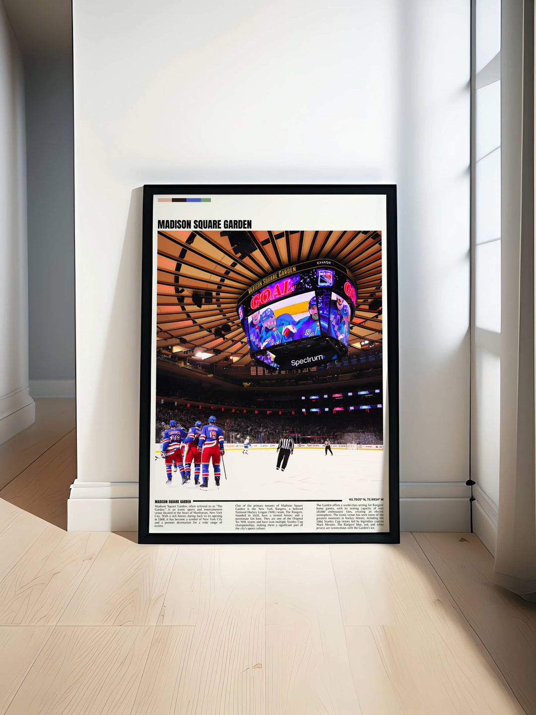 Travel Poster featuring New York Rangers players Jacob Trouba Filip Chytil Jimmy Vesey and Ryan Lindgren perfect for fans and collectors who want to add a touch of Madison Square Garden to their home decor