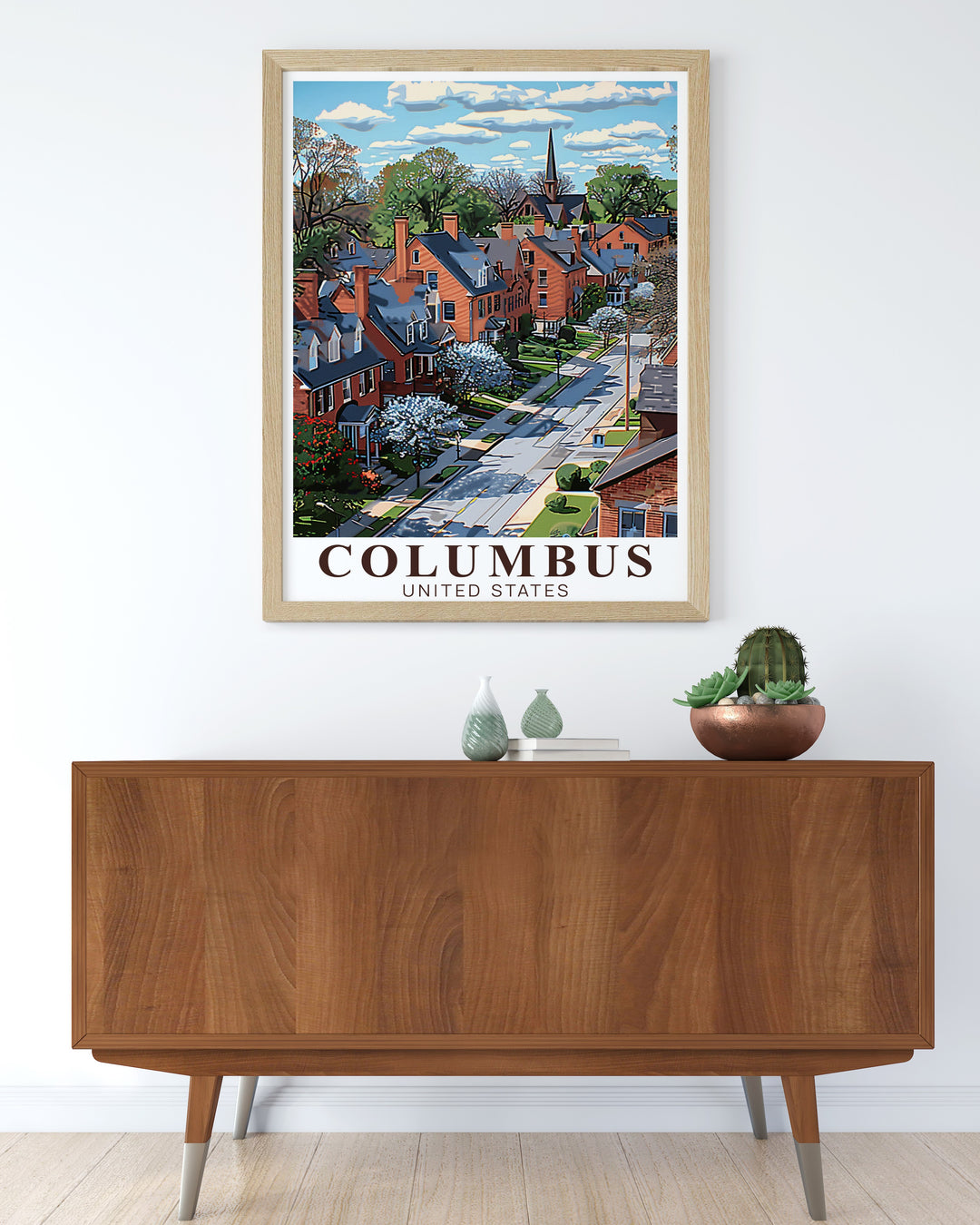 German Village stunning living room decor combined with the Columbus skyline in this modern print. This unique artwork makes a perfect addition to your home or a personalized gift for any special occasion like anniversaries or birthdays.