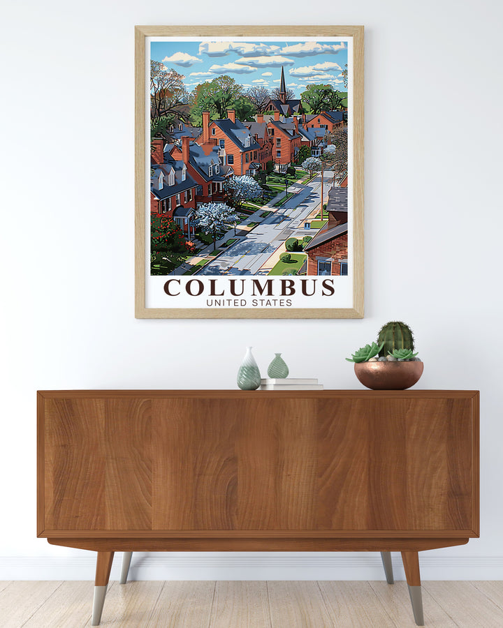 German Village stunning living room decor combined with the Columbus skyline in this modern print. This unique artwork makes a perfect addition to your home or a personalized gift for any special occasion like anniversaries or birthdays.