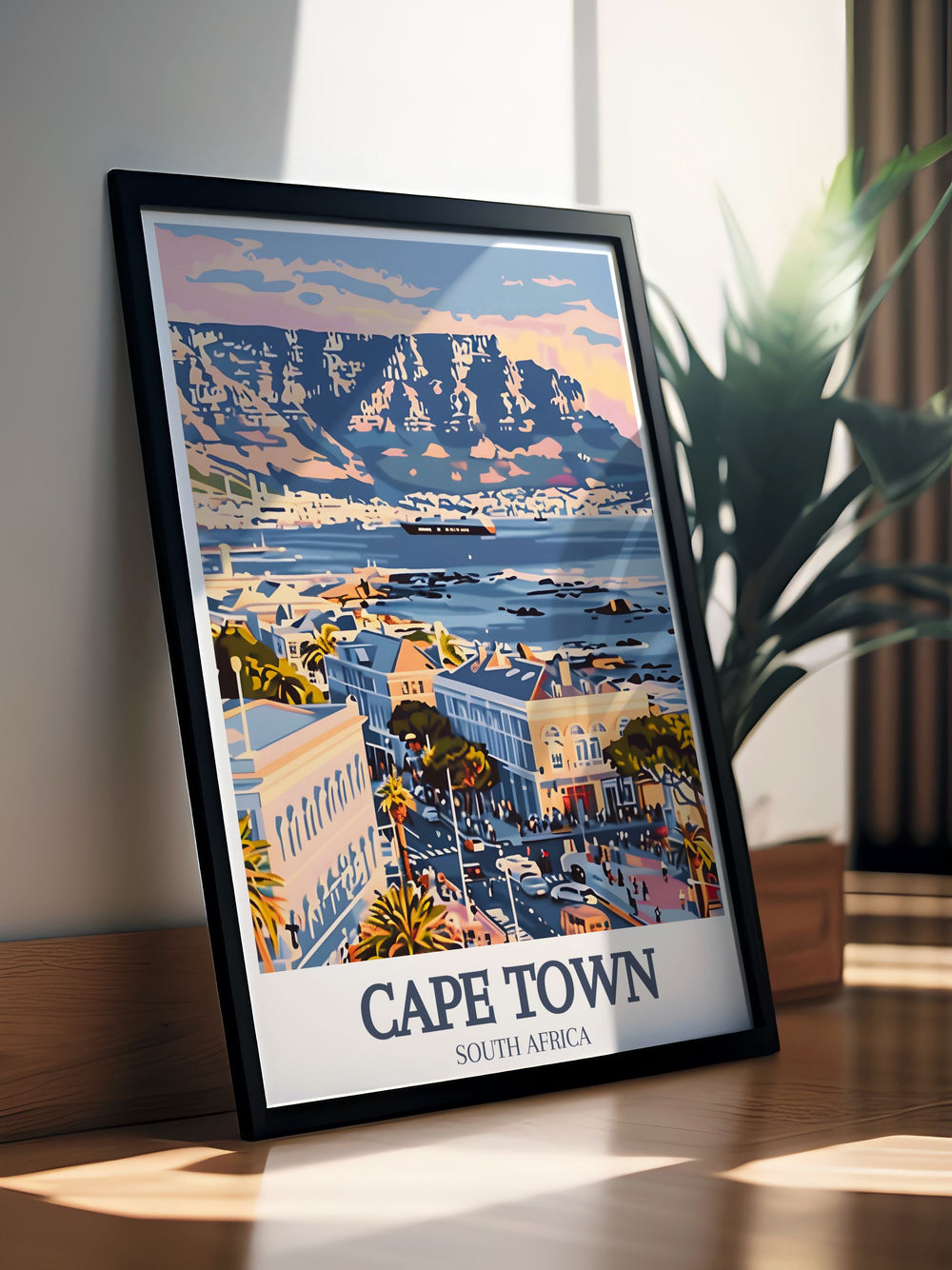 Captivating Cape Town poster showcasing the majestic Table Mountain and the picturesque Cape of Good Hope. This South Africa art print brings the charm of these landmarks into your space, adding a touch of Cape Town's natural beauty to your wall decor.