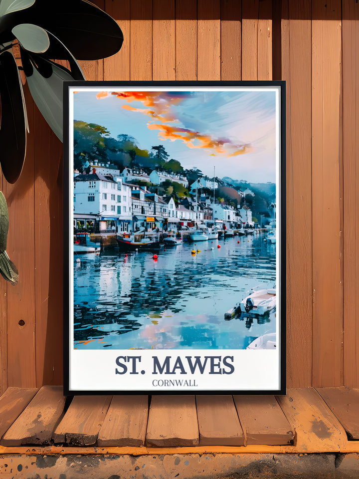 Elegant Cornwall artwork of St. Mawes Harbour and St. Mawes Beach perfect for home decor this beautiful print adds a touch of coastal beauty to any room making it an ideal addition to a modern or classic interior