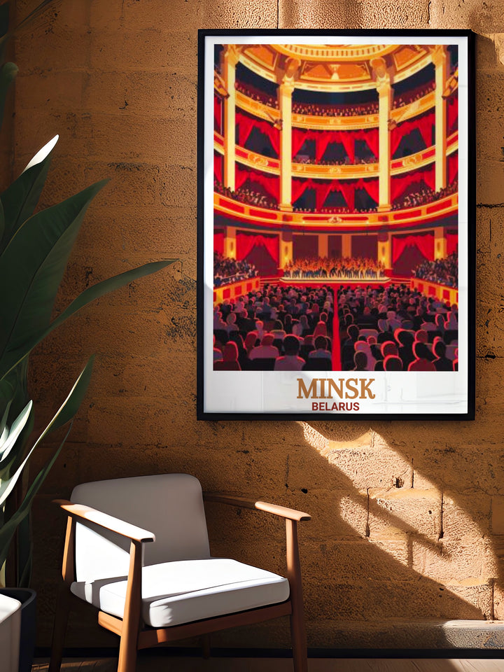 Featuring the iconic National Opera and Ballet Theatre in Minsk, this travel print offers a modern take on a Belarusian landmark. The minimalist design and bold colors make it a stunning piece of wall art for home or office, showcasing the best of Belarus.