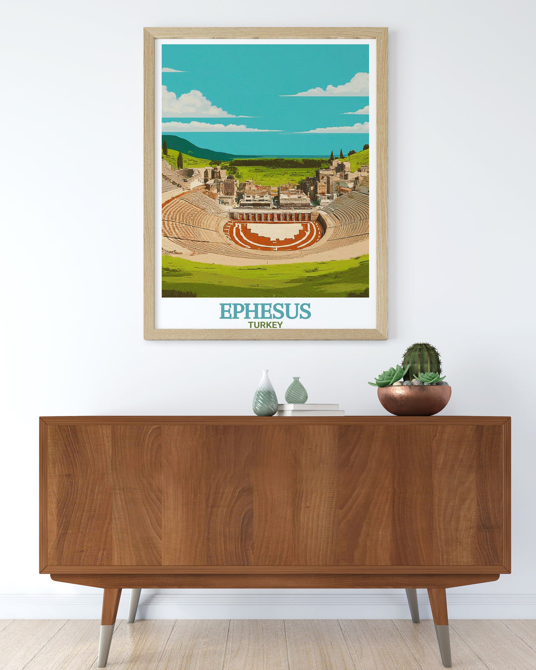 Ephesus Print features a stunning view of the Great Theatre in Ephesus, Turkey, highlighting the architectural marvel of the ancient world. This wall art adds a timeless touch of culture and history to any space.